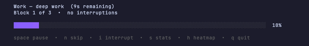 pom running in a terminal, showing a work block, progress bar and keybindings